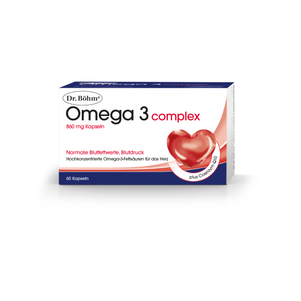 Verpackung von Dr. Böhm Omega 3 complex Kapseln mit Herzsymbol und Hinweisen zu Blutdruck und Blutfettwerten.
