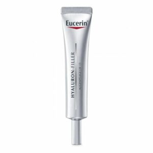 Eucerin Hyaluron-Filler Augenpflege in einer silbernen Tube mit Applikator, SPF 15, zur Pflege der Augenpartie.