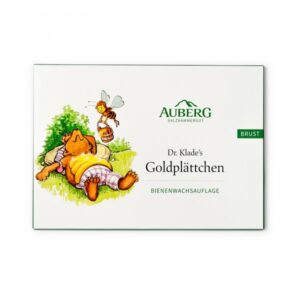 Verpackung von Dr. Klade's Goldplättchen mit Illustration eines Bären und einer Biene, Bienenwachsanwendung.