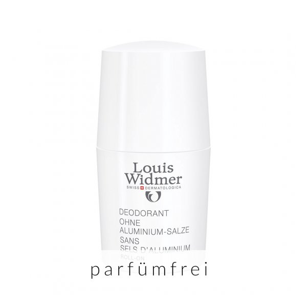 Roll-On-Deodorant ohne Aluminium-Salze von Louis Widmer in einem weißen Behälter, parfümfrei.