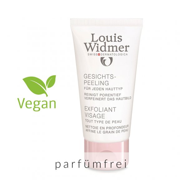 Gesichtpeeling-Tube von Louis Widmer mit veganem und parfumfreies Hinweis.