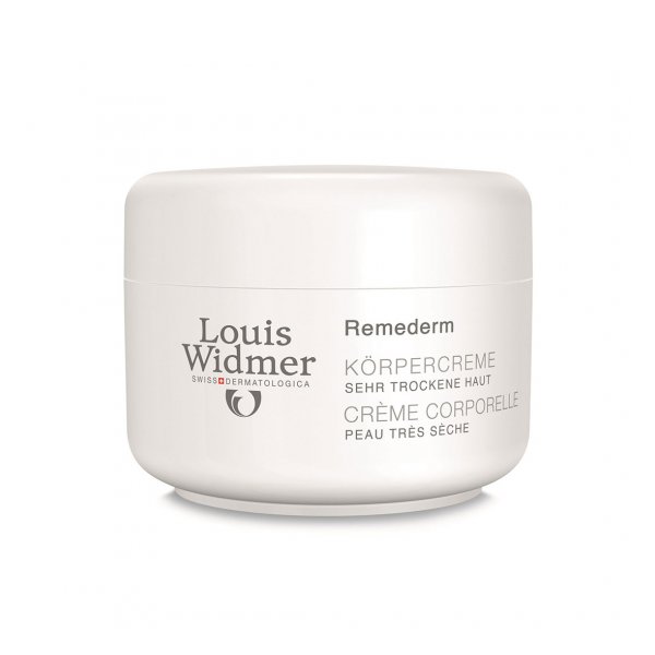 Weißer Tiegel mit Körpercreme von Louis Widmer für sehr trockene Haut, inklusive Produktnamen und Anwendungshinweisen.