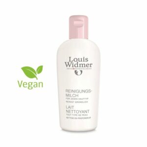 Flasche mit Reinigung Milch von Louis Widmer, vegan, für alle Hauttypen, mit rosa Kappe.