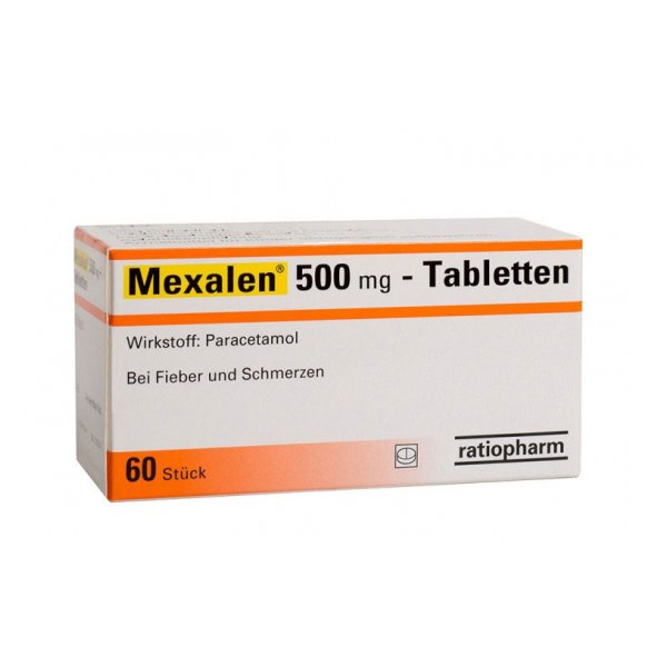 Packung Mexalen 500 mg Tabletten, Wirkstoff Paracetamol, zur Anwendung bei Fieber und Schmerzen.