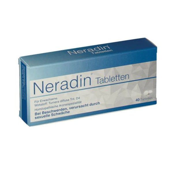 Blau-weiße Verpackung mit 40 homöopathischen Neradin Tabletten, für Erwachsene, bei sexueller Schwäche.