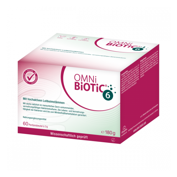 Verpackung von OMNi BiOTiC 6, einem Nahrungsergänzungsmittel mit probiotischen Kulturen, 60 Portionsbeuteln à 3 g.