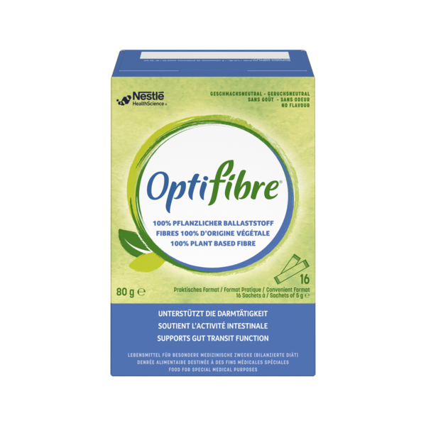Verpackung von Optifibre, einem pflanzlichen Ballaststoffprodukt zur Unterstützung der Darmtätigkeit mit 16 Portionsbeuteln.
