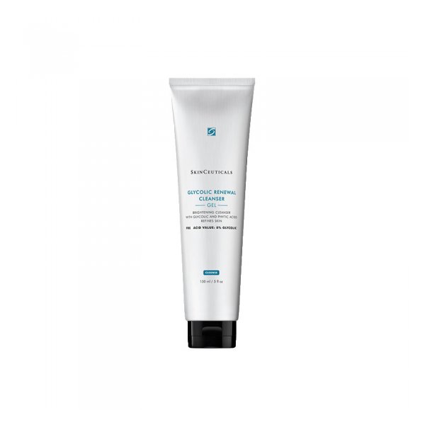 Transparente Tubeverpackung mit Glycolic Renewal Cleanser von SkinCeuticals, gelblich-weißer Gel-Inhalt.