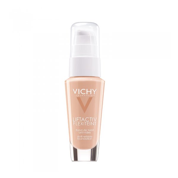 Flasche mit Vichy Liftactiv Flexiteint, einer Anti-Falten-Foundation in zarter Nuance, mit Pumpspender.