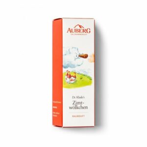 Schmale Verpackung für Raumduft mit grafischen Illustrationen von Wolken und einem Schloss, orange-rotes Design.