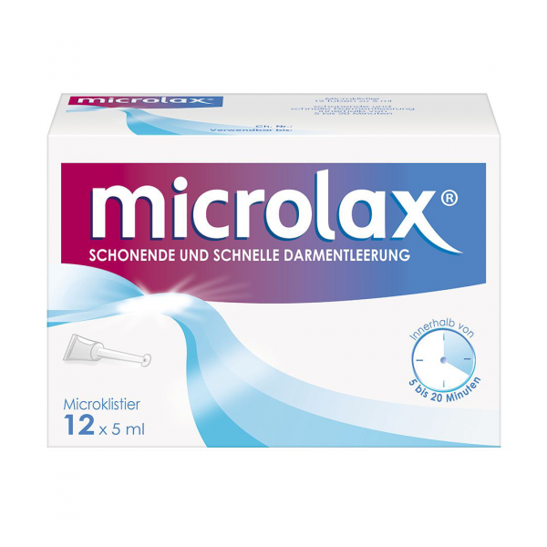 Verpackung von Microlax, einem Produkt zur schnellen und schonenden Darmentleerung, in einer Box mit blau-rotem Design.