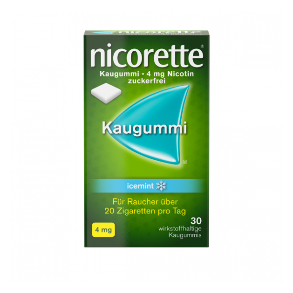 Packung Nicorette Kaugummi in grüner und blauer Gestaltung, mit Hinweis auf 4 mg Nikotin und zuckerfrei, Geschmack: icemint.