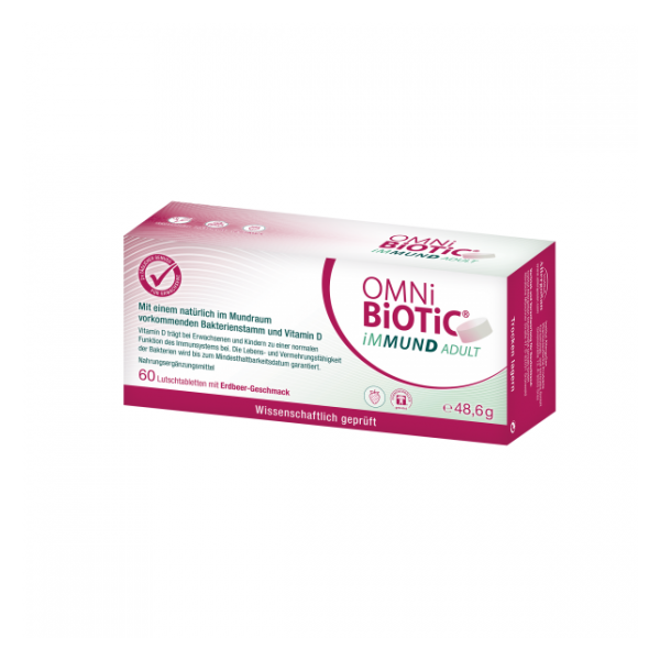 Verpackung von OMNi BiOTiC iMMUND ADULT, 60 Lutschtabletten mit Erdbeer-Geschmack, enthält Bakterienstämme und Vitamin D.
