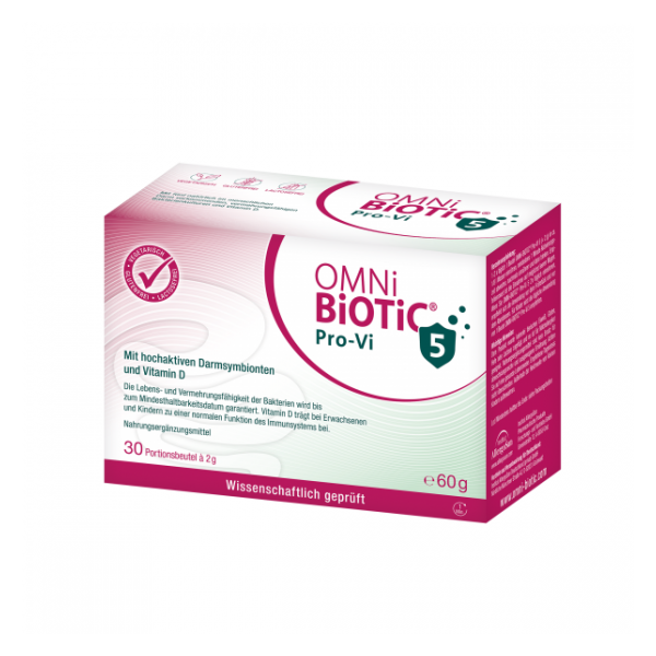 Verpackung von OMNi-BiOTiC Pro-Vi, mit Informationen zu Inhaltsstoffen und Verzehrempfehlung.