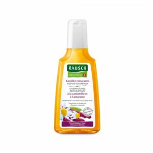 Flasche mit Kamillen-Amaranth Repair-Shampoo von Rausch, für geschädigtes Haar, gelbe Verpackung mit grünen und weißen Etiketten.