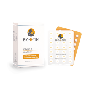 Packung und Blister mit BIO-H-TIN Vitamin H Tabletten für gesunde Haare und Nägel.