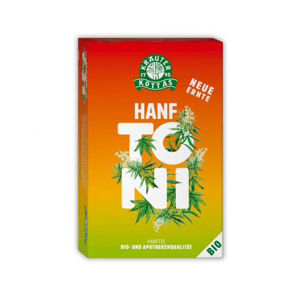 Verpackung von Hanftee mit grünen Pflanzenmotiven und orangefarbener Farbverlaufsgestaltung.