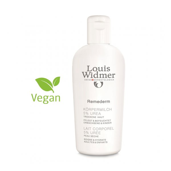 Flasche mit Körpermilch von Louis Widmer, 5% Urea, für trockene Haut, vegan, mit einem grünen Blatt-Symbol.