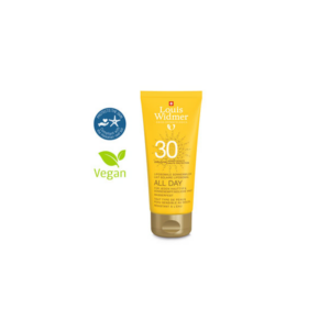 Liposomale Sonnencreme SPF 30 in gelber Verpackung, vegan, wasserfest, geeignet für empfindliche Haut.