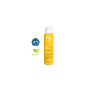 Sonnenspray in gelber Sprühflasche mit Lichtschutzfaktor 30, vegan, mit Icons für UV-Schutz und Umweltfreundlichkeit.