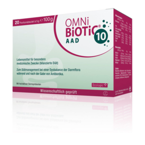 Verpackung von OMNi BiOTiC AAD, einem Lebensmittel zur Unterstützung der Darmflora mit 20 Portionsbeuteln.
