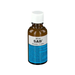Braune Glasflasche mit weißem Deckel, 30 ml Inhalt, beschriftet mit "SAB Simplex - Tropfen" und Anwendungshinweisen.