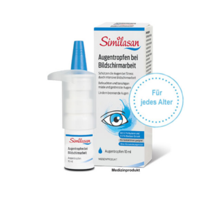 Augentropfen von Similasan in einer weißen Flasche mit blauer Kappe und Verpackung, die Augenpflege bei Bildschirmarbeit bewirbt.