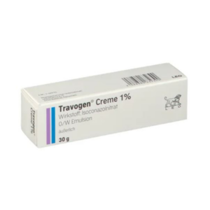 Verpackung von Travogen Creme 1%, enthält Isoconazolnitrat, 30 g, in weißer Box mit lila und blauer Kennzeichnung.