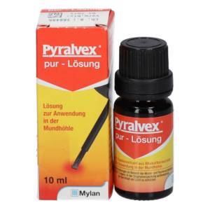 Pyralvex pur - Lösung in einer 10 ml Flasche mit schwarzer Kappe und Verpackung mit rotem und gelbem Design.
