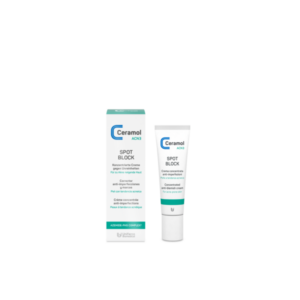 Verpackung und Tube der Ceramol ACN3 Spot Block Creme gegen Unreinheiten für zu Akne neigende Haut.