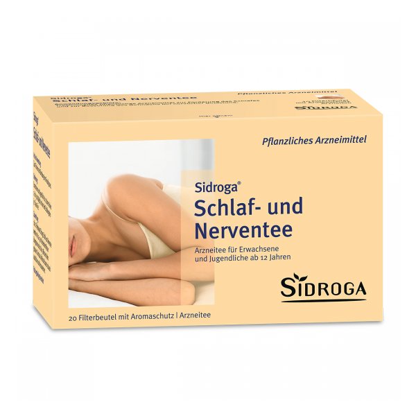 Verpackung von Sidroga Schlaf- und Nerventee mit beschreibendem Text und Bild eines schlafenden Menschen.