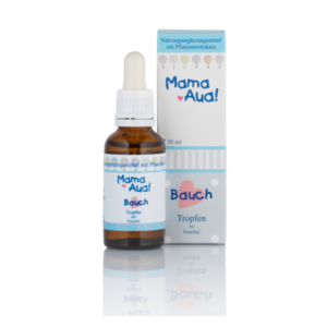 Braune Flasche mit Pipette, enthaltend Bauch-Tropfen mit Fenchel, verpackt in einer blauen und weißen Schachtel.