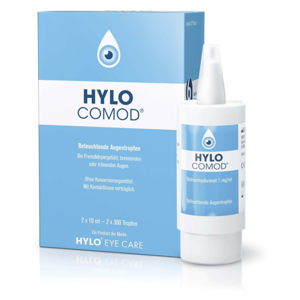 Verpackung von HYLO COMOD, befeuchtenden Augentropfen, mit auffälligem, blauem Design und Dosierspender.