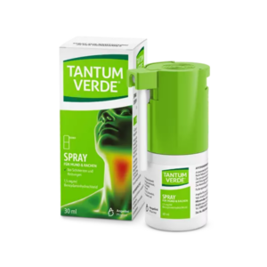 Tantum Verde Spray für Mund und Rachen in einer grünen und weißen Verpackung, 30 ml Flasche mit Sprühverschluss.