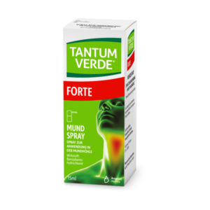 Packung des Tantum Verde Forte Mundsprays, grüne Farbe, Anwendungsgebiet in der Mundhöhle, 15 ml.