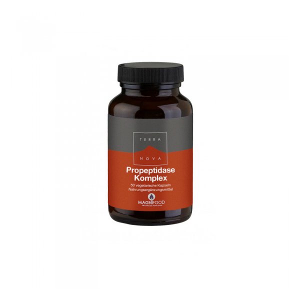 Dunkelbraune Flasche mit schwarzem Schraubverschluss, beschriftet mit 'Propeptidase Komplex' und Informationen zu veget. Kapseln.