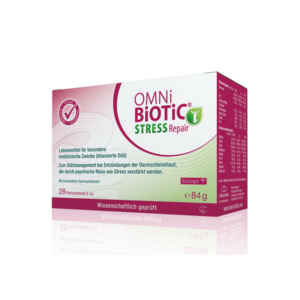 Verpackung des Medikaments OMNi BiOTiC Stress Repair für die Diät bei entzündeten Darmschleimhäuten; 28 portionierte Beutel.