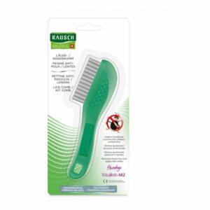 Grüner Läusekamm in Verpackung, entfernt Kopflaus und Nissen, mit Hinweis auf die Anwendung.