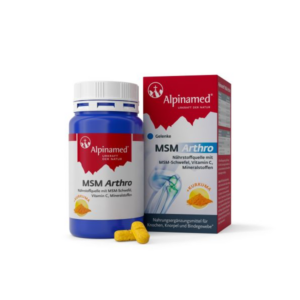 Blaues Fläschchen mit gelben Kapseln und roter Verpackung für das Nahrungsergänzungsmittel MSM Arthro zur Unterstützung der Gelenke.