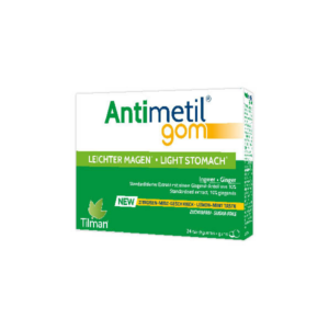 Verpackung von Antimetil Kaugummi mit Ingwer, Zitronen-Minz-Geschmack, zuckerfrei, 24 Stück.