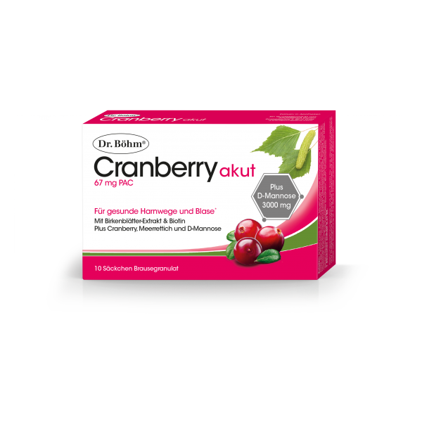 Verpackung von Dr. Böhm Cranberry akut, enthält Brausegranulat für die Gesundheit der Harnwege, mit Cranberry und D-Mannose.
