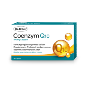 Verpackung von Dr. Böhm Coenzym Q10 Kapseln mit 100 mg, empfohlen bei Cholesterin-Einnahme und für Herzfunktion.