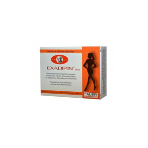 Verpackung von EXADIPIN plus, einem diätetischen Lebensmittel zur Behandlung von Adipositas mit einer grafischen Figur