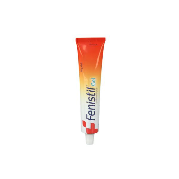 Röhre mit Fenistil Gel, orange-weißer Verpackung, zur Linderung von Hautirritationen.