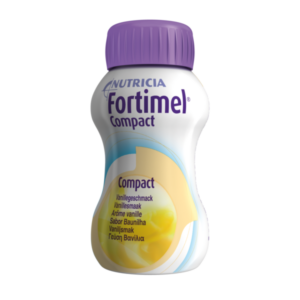 Flasche Fortimel Compact mit Vanillegeschmack, lila Deckel, ergonomische Form, Hauptinschrift in verschiedenen Sprachen.