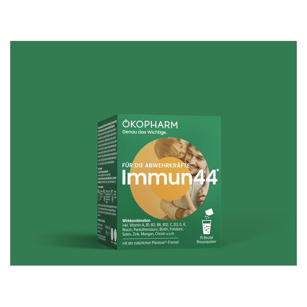 Verpackung von OKOPHARM Immun44 mit Informationen zu Inhaltsstoffen und Wirkung für die Abwehrkräfte.