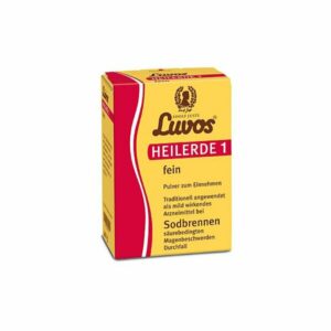 Verpackung von Luvos Heilerde 1, feines Pulver zur Einnahme, in gelbem Karton mit rotem Deckel und Schriftzug.