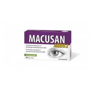 Verpackung von Macusan AREDS2, diätetisches Produkt zur Behandlung altersbedingter Makuladegeneration, mit Ginkgo Biloba.
