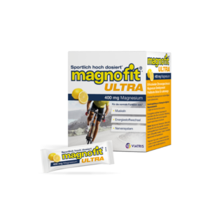 Verpackung von magnofit ULTRA mit Zitronengeschmack und einem Stick für Magnesiumaufnahme während sportlicher Aktivitäten.