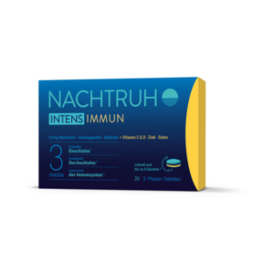 Verpackung von NachtRuhe Intens Immun, enthält Melatonin, Ashwagandha, Baldrian, Vitamine und Mineralstoffe, 20 Tabletten.